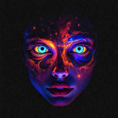 The primary subject of the image is a close-up of a woman's face, featuring her eyes and lips. The setting is a dark background, which contrasts with the vibrant colors of her eyes, which are blue, and her lips, which are pink. The visual style is a digital art or illustration, with a focus on the woman's facial features. The overall atmosphere is one of beauty and intrigue, as the woman's eyes and lips stand out against the dark background.